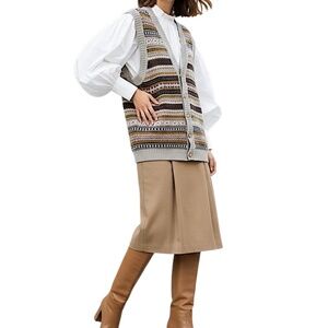 Vintage 80s 90s pure wool grey tan fair isle button front grandpa sweater vest M